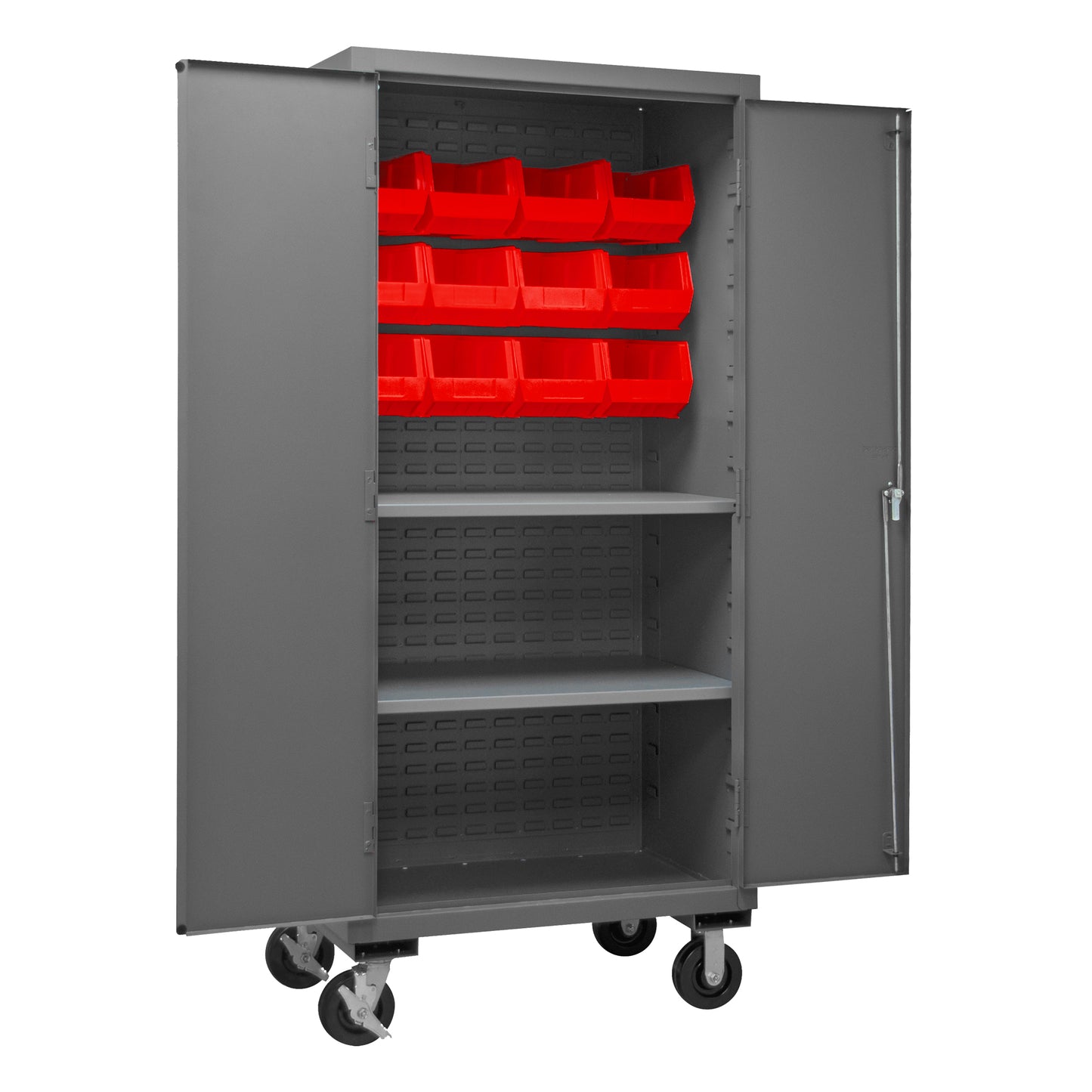 2501M-BLP-12-2S-1795 Mobile Cabinet, 16 Gauge, 2 Shelves, 12 Red Bins