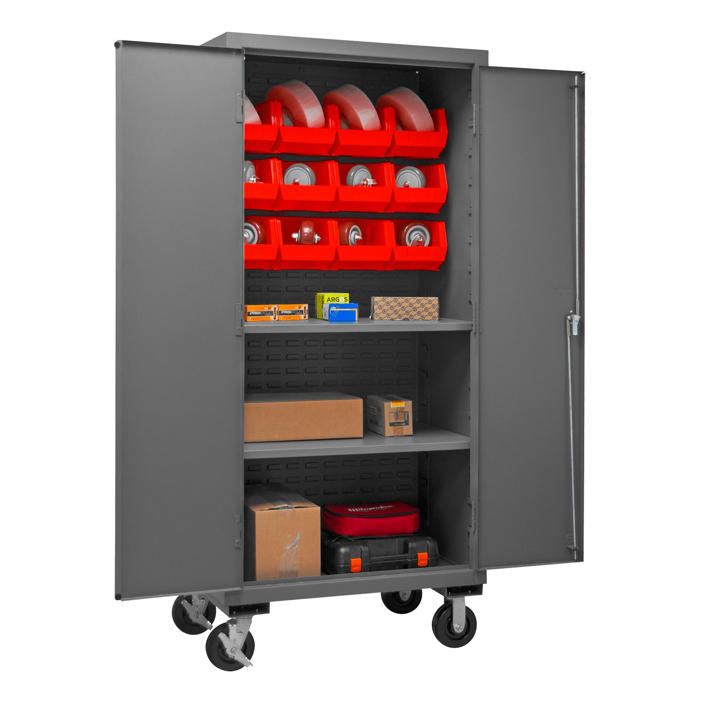 2501M-BLP-12-2S-1795 Mobile Cabinet, 16 Gauge, 2 Shelves, 12 Red Bins