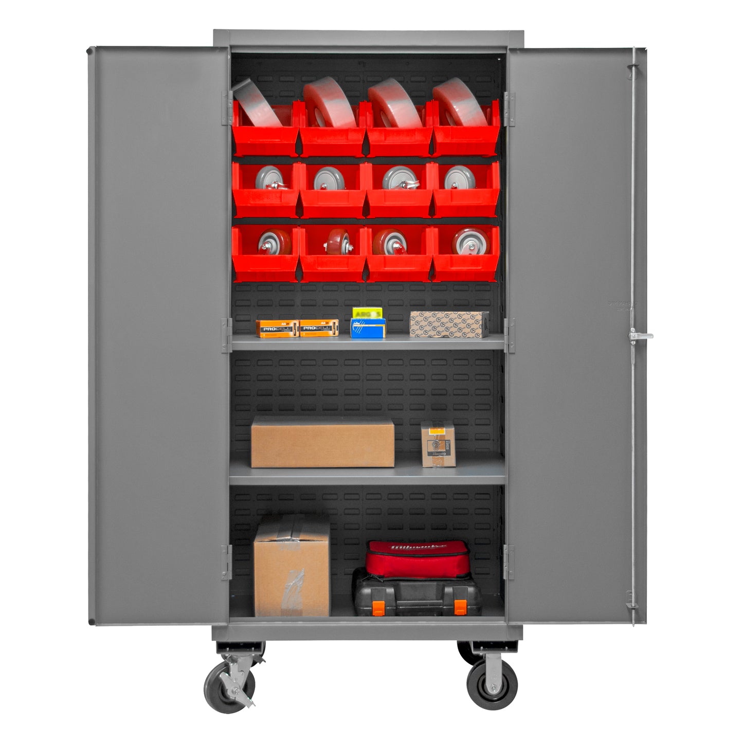 2501M-BLP-12-2S-1795 Mobile Cabinet, 16 Gauge, 2 Shelves, 12 Red Bins