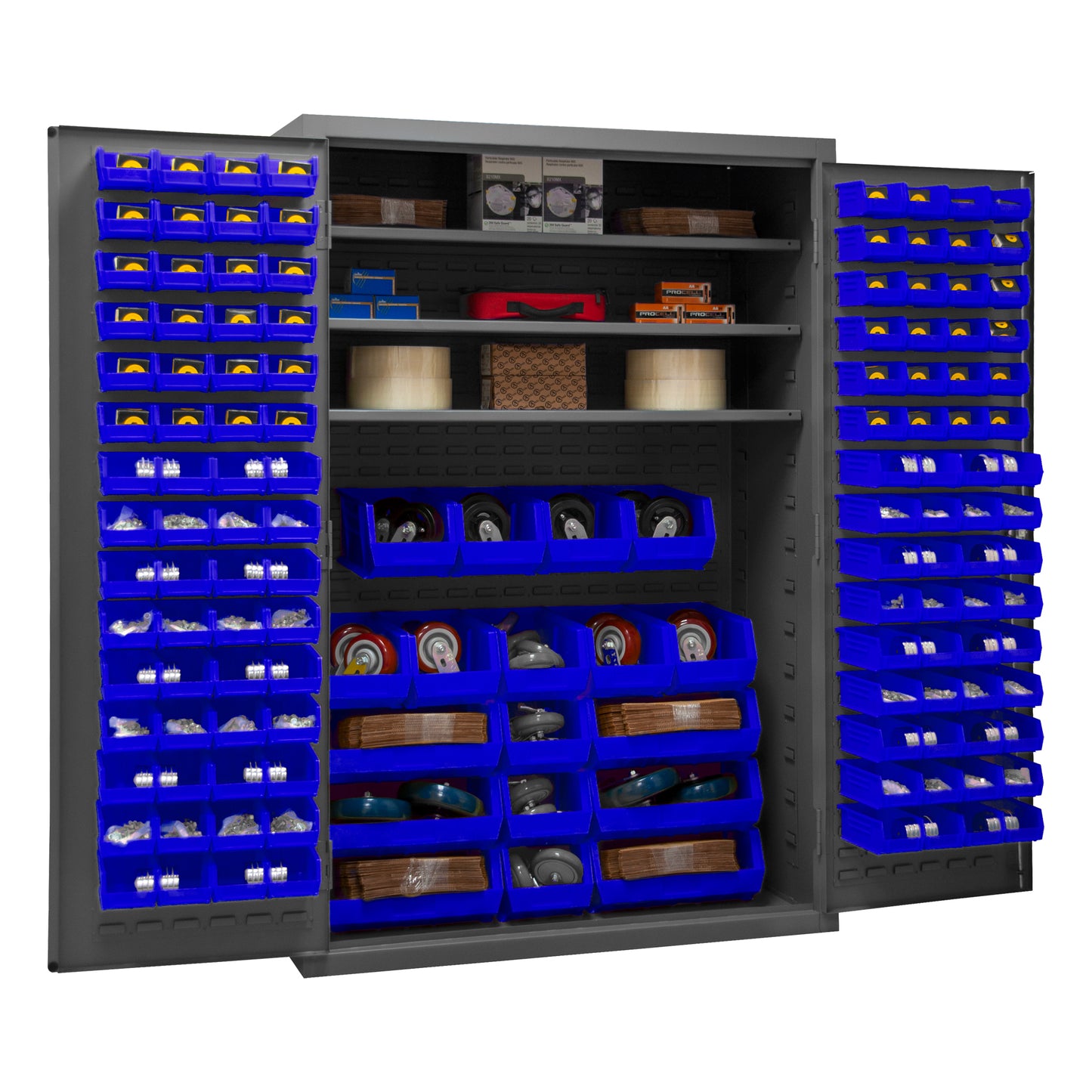 2502-138-3S-5295 Cabinet, 16 Gauge, 3 Shelves, 138 Blue Bins, 48 x 24 x 72