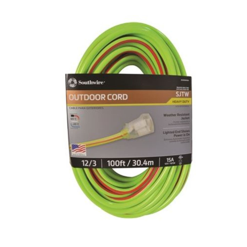100' Ft 12/3 SJTW Lime Green and Red Outdoor Extension Cord with Power Light Indicator 2549SW0054 (Pack of 4)