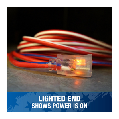 100' Ft 12/3 SJTW Red/White and Blue Outdoor Extension Cord with Power Light Indicator Plug 2549SWUSA1 (Pack of 4)
