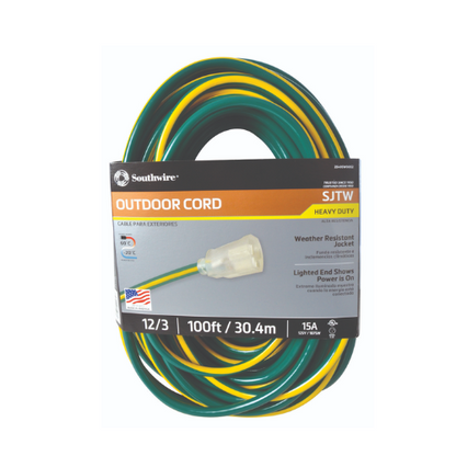 100 FT 12/3 SJTW Dark Green and Yellow Outdoor Extension Cord with Power Light Indicator 2549SW0052 (Pack of 4)