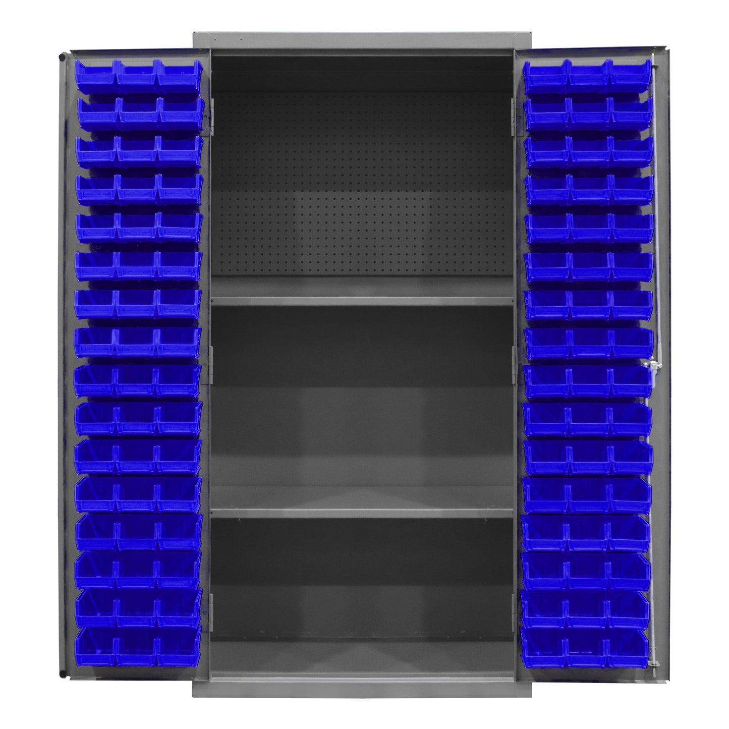3501-DLP-PB-96-2S-5295 Cabinet, 14 Gauge, Pegboard, 2 Shelves, 96 Blue Bins, 36 x 24 x 72
