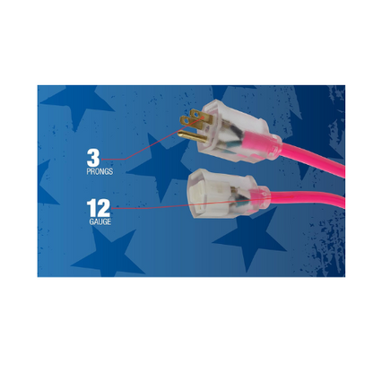 50' Ft 12/3 SJTW Cool Pink Outdoor Extension Cord with Power Light Indicator 2578SW000A (Pack of 8)