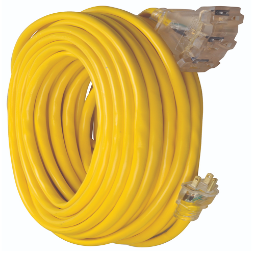 100' Ft Outlet Extension Cord 12/3 SJTW Yellow Triple 4189SW8802 (Pack Of 4)