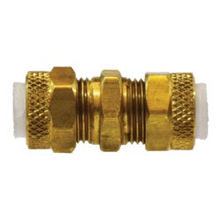 20200 - Reducing Poly-Flo Union Brass Fitting, 3/8 in x 1/4 in Flareless, 0.72 in Length, 150 psi
