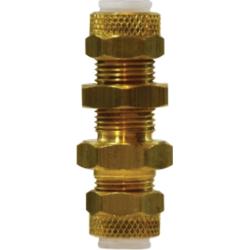 20337 - Brass Poly-Flo Bulkhead Union - 1/4 in x 1/4 in, Length 1-1/4 in, 150 psi, Hex 0.56 in