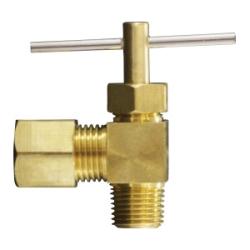 46016 - 90-Degree Brass Needle Valve 3/8 x 1/4 in MPT Connection, 150 psi, -45 to 250°F
