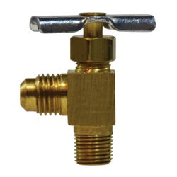 46040 - 90-Degree Brass Needle Valve - 3/8 x 1/4 in Male Flared to MPT, 150 psi