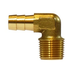 07020-0604-001 - Brass 90-Degree Male Elbow Fitting - 3/8-in Hose Barb, 1/4-in Male NPTF, Sealant
