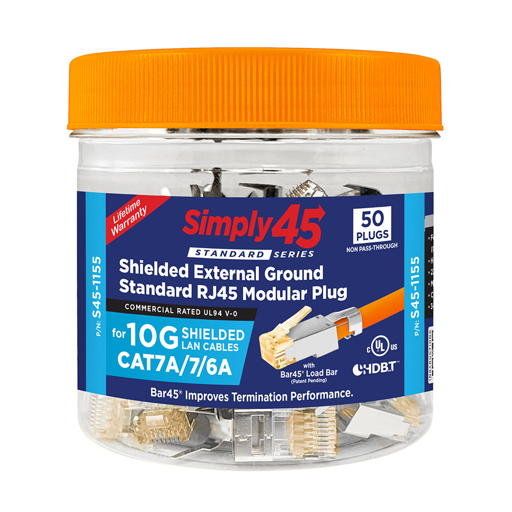 S45-1155 - Simply45 10G Cat6a/7/7a Shielded External Ground - Standard Series RJ45 with Bar45 50 pc/Jar