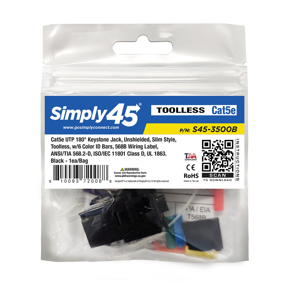 S45-3500B Cat5e UTP 180 Degree Keystone Jack – Unshielded – Black