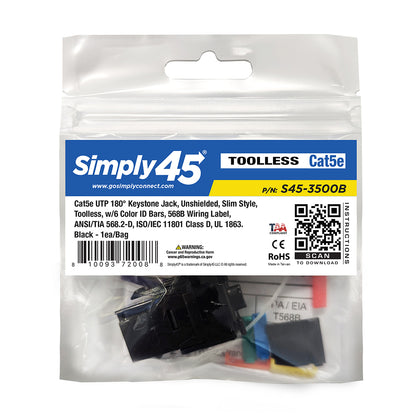 S45-3500B Cat5e UTP 180 Degree Keystone Jack – Unshielded – Black