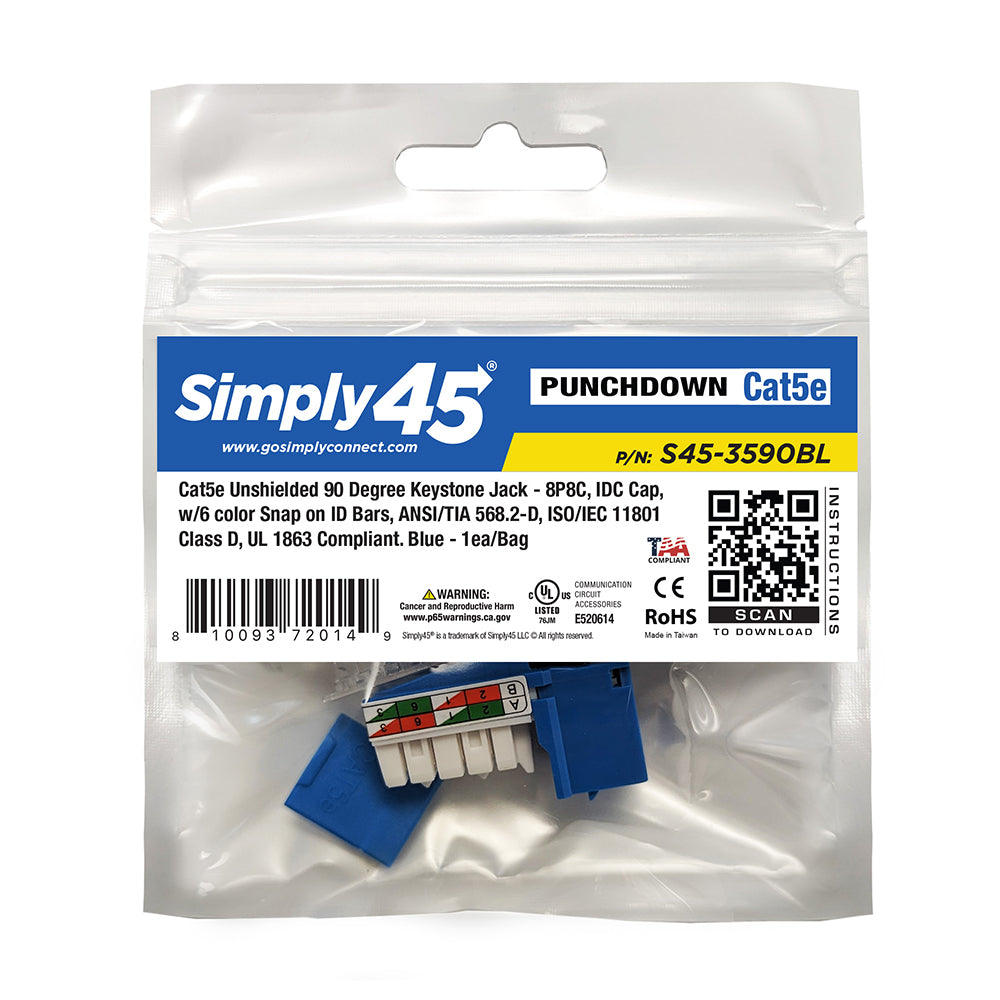 S45-3590BL Cat5e Unshielded 90 Degree Keystone Jack