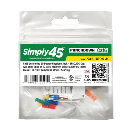 S45-3690W Cat6 Unshielded 90 Degree Keystone Jack