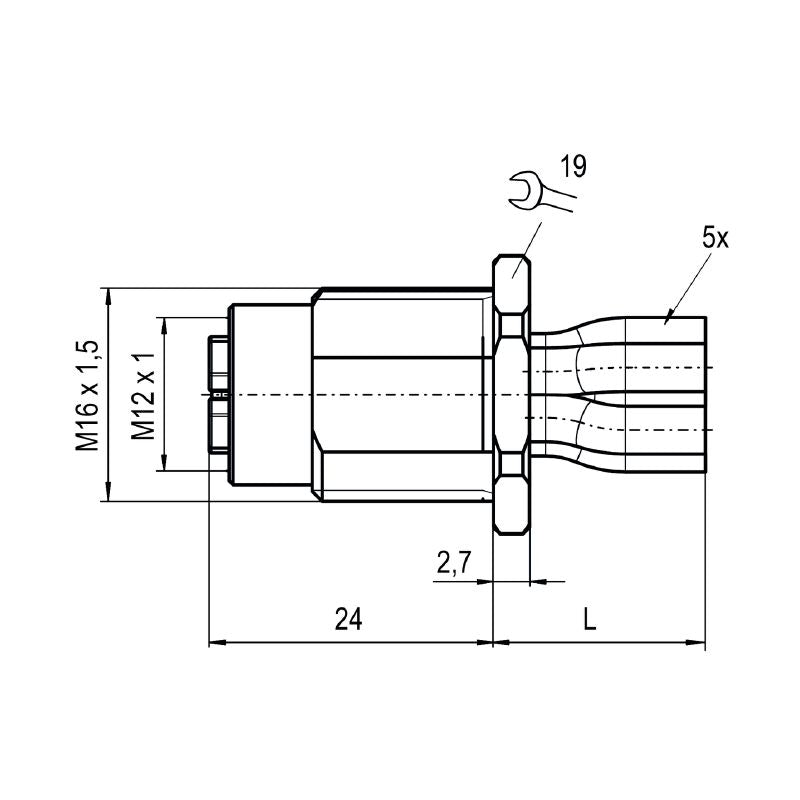 2968060000 - 5-Pole M12 Female Socket Plug, 0.2m Cable, M16 x 1.5