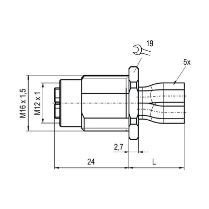 2968060000 - 5-Pole M12 Female Socket Plug, 0.2m Cable, M16 x 1.5
