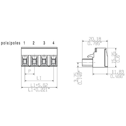 2775030000 - 7.62mm Female PCB Connector, 4-Pole, 180° Orientation  (Pack of 100)