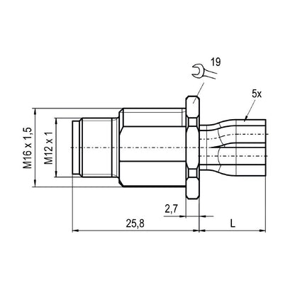 2968030000 - M12 5-Pole Female Socket with 0.2m Cable, M16 Thread