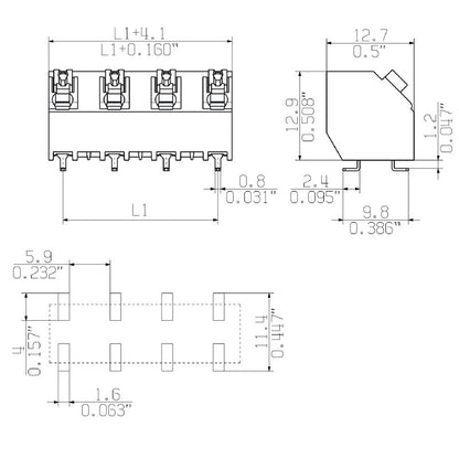 1473910000 - 7.50mm Black PCB Terminal, 4-Pole, 135° Angle, PUSH IN  (Pack of 210)