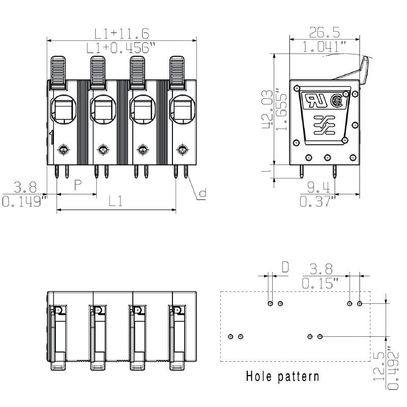 2492030000 - 5-Pole 15mm PCB Terminal with 90° Orientation in Black  (Pack of 20)