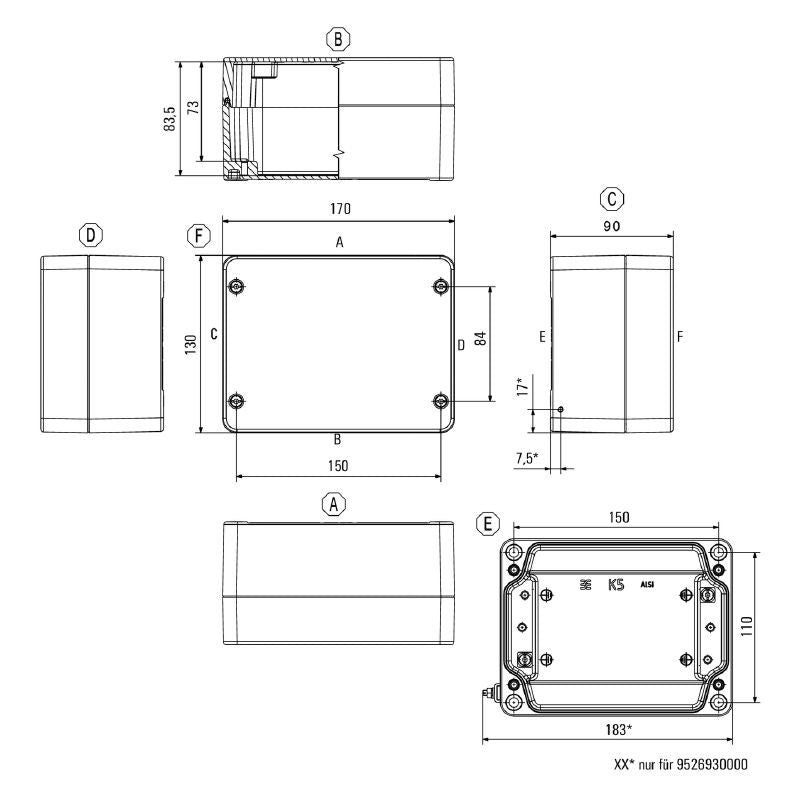 9529210000 - 130mm Aluminum Enclosure with Cable Glands, Silver Grey Finish