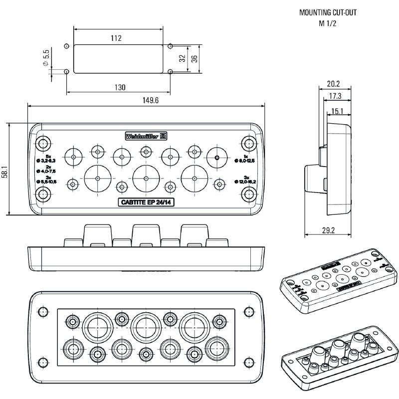 2779320000 - Grey TPE Cable Entry Plate, 58mm x 149.6mm, IP66 Rated  (Pack of 10)