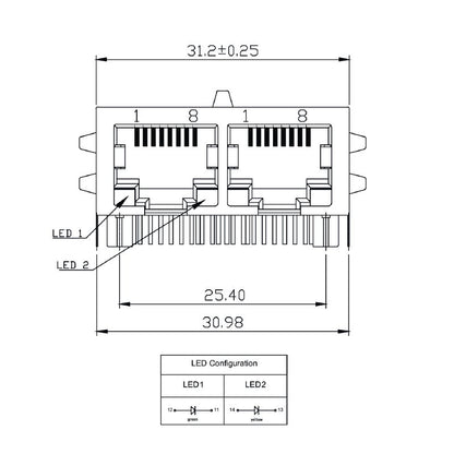 2544500000 - 90° PCB RJ45 Transformer Jack, 10 Poles, Nickel-Plated  (Pack of 80)