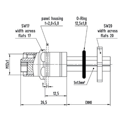 2530780000 - M12 Female Socket, 5-Pole, 0.3m Cable with M16 Mounting