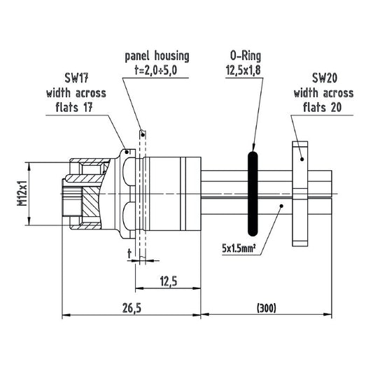 2530780000 - M12 Female Socket, 5-Pole, 0.3m Cable with M16 Mounting