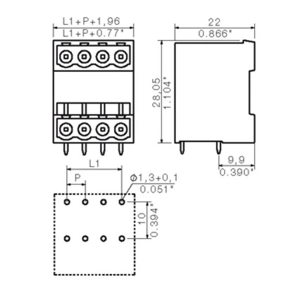 1601930000 - 32-Pole 90° PCB Connector Plug, THT, 3.2mm Solder Pins  (Pack of 10)