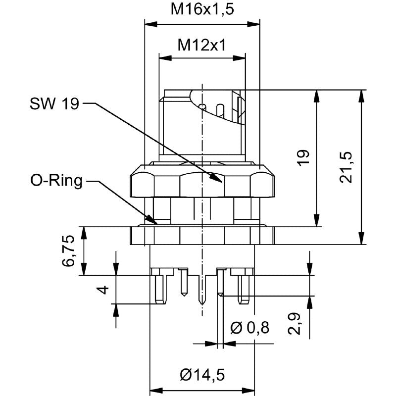 2424040000 - 6.75mm M12 PCB Connector, 4-Pole with M16 Mounting Thread  (Pack of 10)