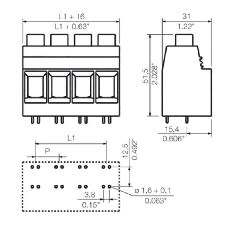 1047230000 - 15mm PCB Terminal with 4 Poles, 90° Angle Connection  (Pack of 10)