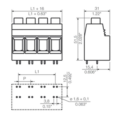 1047230000 - 15mm PCB Terminal with 4 Poles, 90° Angle Connection  (Pack of 10)