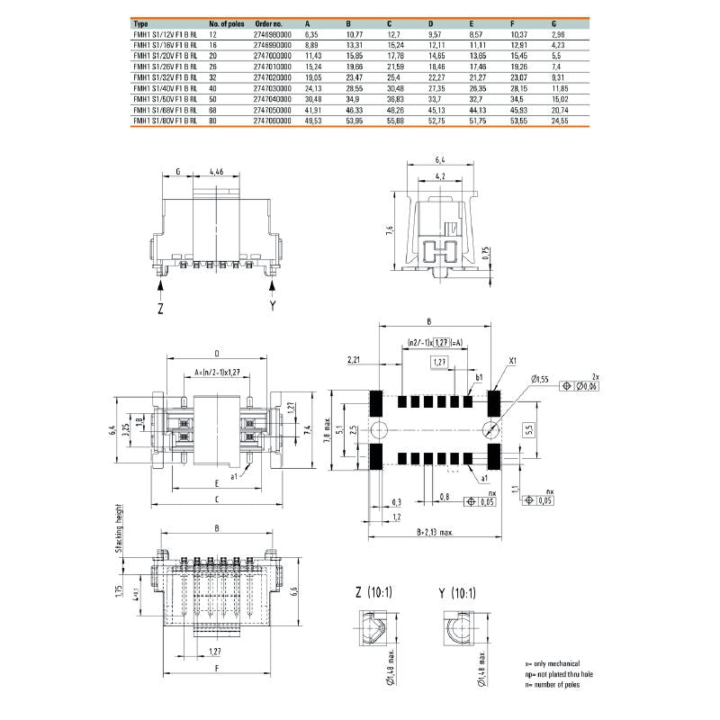 2747040000 - 50-Pole Male Header Connector, 1.27mm Pitch, RoHS Compliant  (Pack of 280)