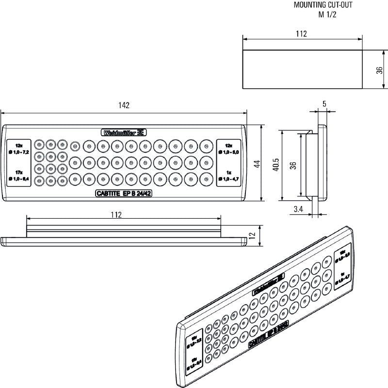 2743690000 - Grey TPE Cable Entry Plate, 44mm x 142mm, IP54 Rated  (Pack of 10)