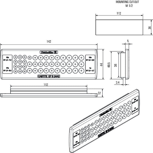 2743690000 - Grey TPE Cable Entry Plate, 44mm x 142mm, IP54 Rated  (Pack of 10)