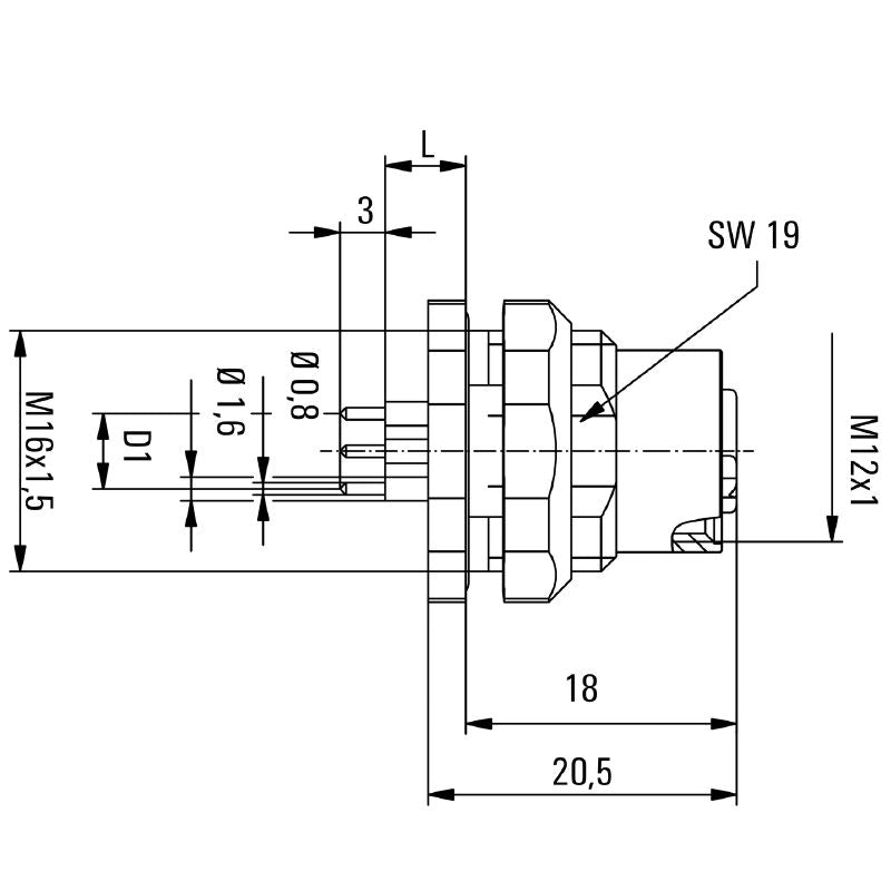 2422340000 - M12 Built-In Plug with M16 Mounting, 4 Poles, RoHS Compliant  (Pack of 10)