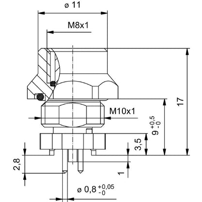 2422800000 - M8 Plug with M10 Thread, 3 Poles, Nickel-Plated Housing  (Pack of 25)
