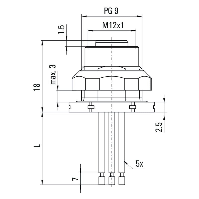 1233320000 - 2m 5-Pole Socket Connector with PG 9 Thread