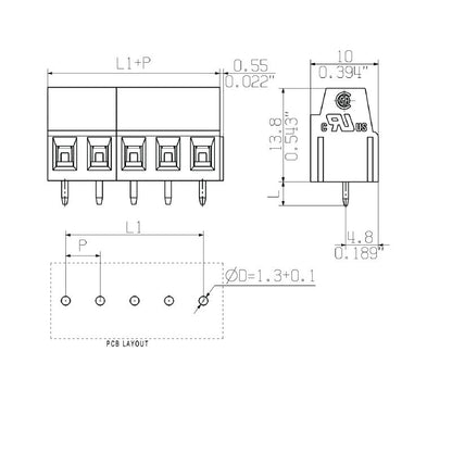 9994140000 - 5.08mm PCB Terminal, 5 Poles, 90° Angle, 3.5mm Solder Pin  (Pack of 50)