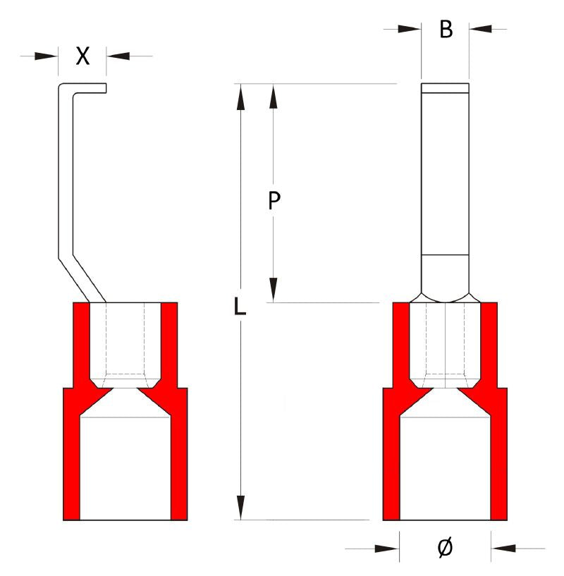 1233340000 - Insulated Hook-Blade Cable Lug, Red, 0.5-1.5 mm²  (Pack of 100)