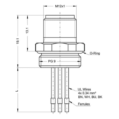2512850000 - M12 0.4m Straight Plug Cable with PG 9 Thread