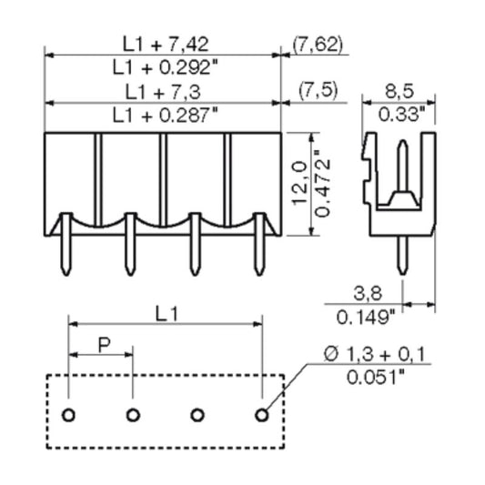 1625080000 - 7-Pole 7.62mm PCB Plug-In Header with 3.2mm Pins  (Pack of 50)