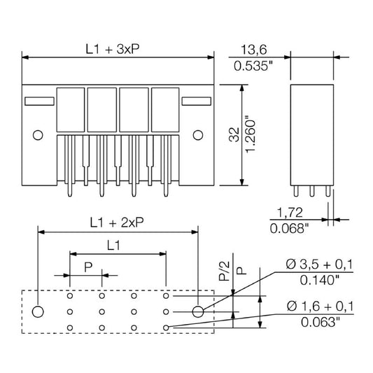 1850890000 - 10.16mm Pitch Male Header Connector with 180-Degree Elbow  (Pack of 36)