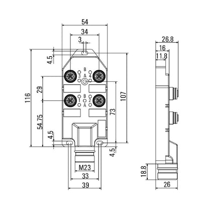 1847960000 - 12-Pole M23 Outlet, IP67 LED Indicator, 116mm Depth