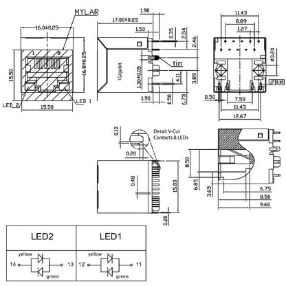 2562160000 - 10-Pole RJ45 Connector with Green/Yellow LEDs, RoHS Compliant  (Pack of 200)