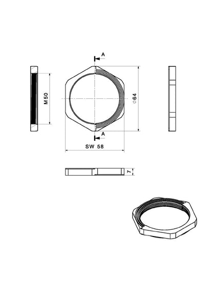 2584030000 - 58mm Black Glass Fiber Locknut for Cable Entry  (Pack of 5)