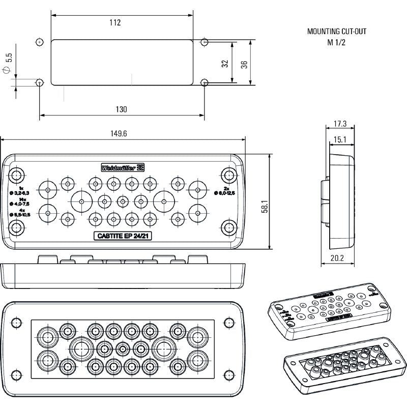 2779370000 - Grey TPE Cable Entry Plate 58mm x 149.6mm, IP66 Rated  (Pack of 10)
